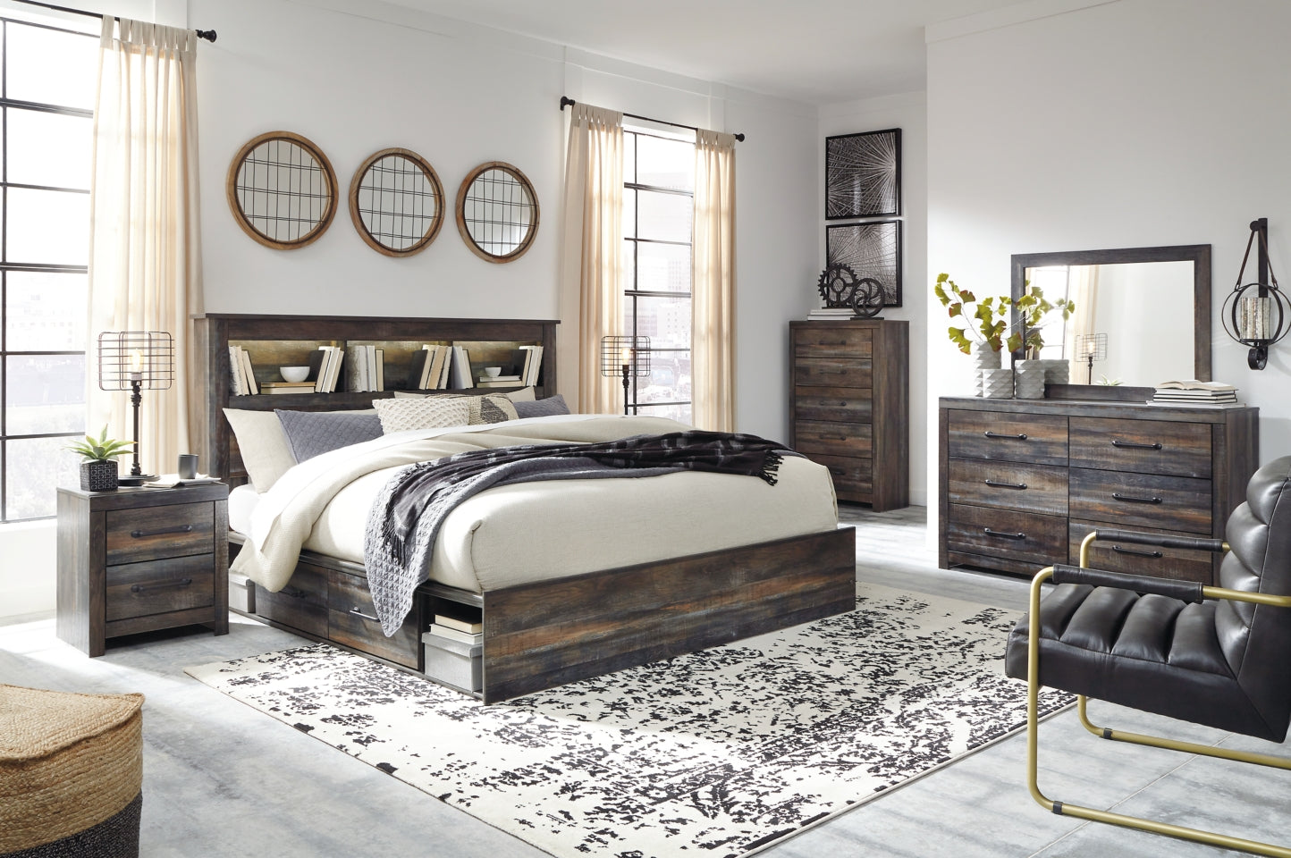 Drystan King Bookcase Bed with 4 Storage Drawers with Mirrored Dresser, Chest and 2 Nightstands - furniture place usa