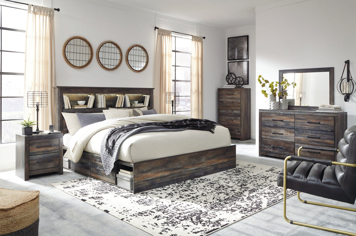 Drystan King Bookcase Bed with 2 Storage Drawers with Mirrored Dresser, Chest and Nightstand - PKG003381 - furniture place usa