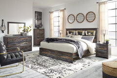 Drystan King Panel Bookcase Bed with Mirrored Dresser, Chest and 2 Nightstands - furniture place usa