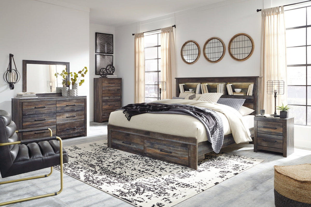 Drystan Queen Bookcase Bed with 2 Storage Drawers with Mirrored Dresser, Chest and Nightstand - PKG003244