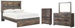 Drystan Full Bookcase Bed with Mirrored Dresser and Chest - furniture place usa