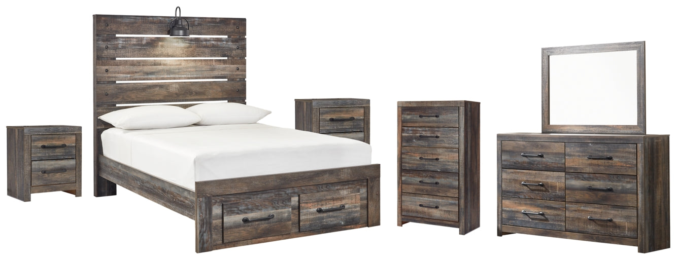 Drystan Queen Panel Bed with 2 Storage Drawers with Mirrored Dresser, Chest and 2 Nightstands - PKG003257