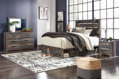 Drystan King Panel Bed with 4 Storage Drawers with Mirrored Dresser and 2 Nightstands - furniture place usa