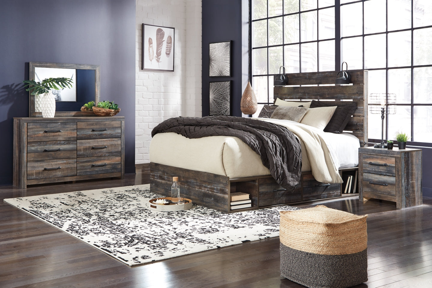 Drystan King Panel Bed with 4 Storage Drawers with Mirrored Dresser, Chest and 2 Nightstands - furniture place usa