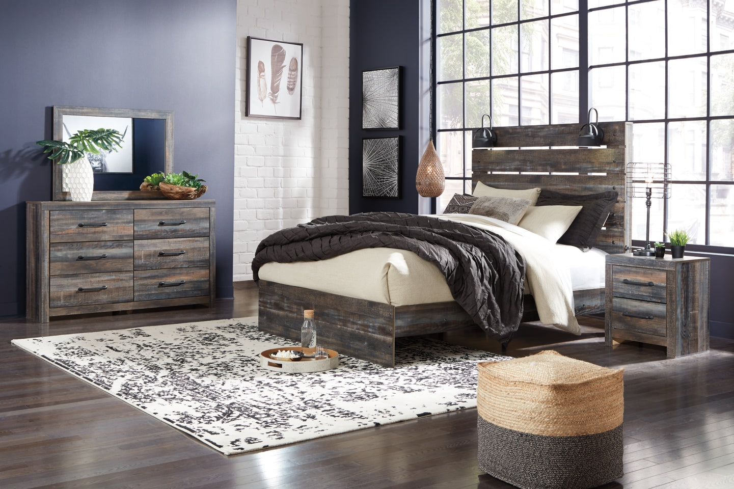 Drystan Queen Panel Bed with 2 Storage Drawers with Mirrored Dresser, Chest and 2 Nightstands - PKG003173 - furniture place usa