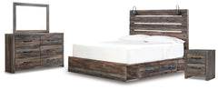Drystan King Panel Bed with 2 Storage Drawers with Mirrored Dresser and Nightstand - furniture place usa