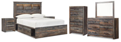 Drystan Full Bookcase Bed with 4 Storage Drawers with Mirrored Dresser, Chest and 2 Nightstands - furniture place usa