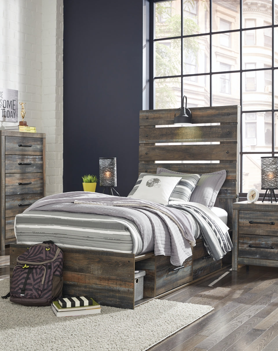 Drystan Twin Panel Bed with 4 Storage Drawers with Mirrored Dresser, Chest and Nightstand - furniture place usa