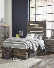 Drystan Twin Panel Bed with 4 Storage Drawers with Mirrored Dresser, Chest and Nightstand - furniture place usa