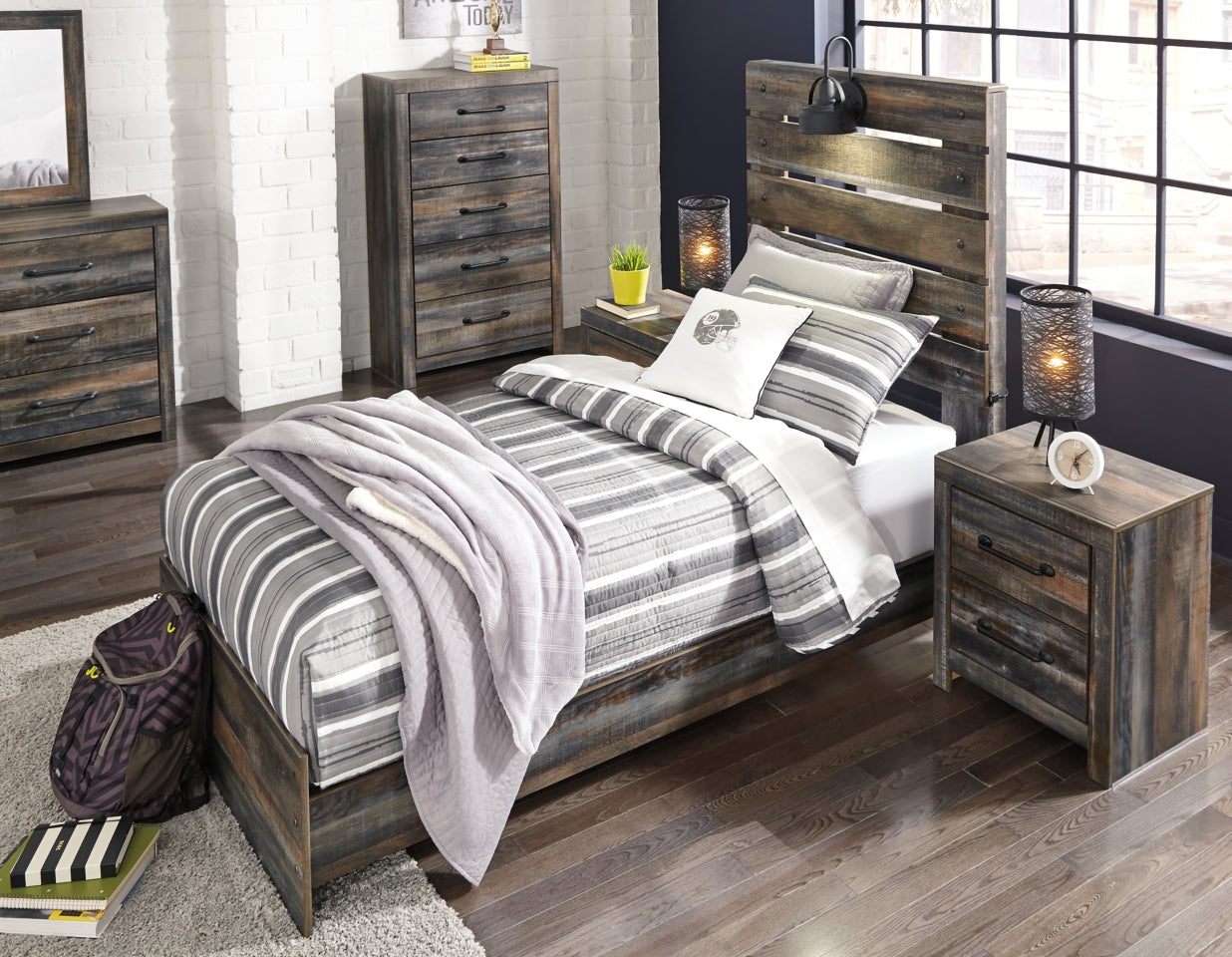 Drystan Twin Panel Bed with Mirrored Dresser and 2 Nightstands - furniture place usa