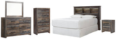 Drystan Queen/Full Bookcase Headboard Bed with Mirrored Dresser, Chest and Nightstand - furniture place usa
