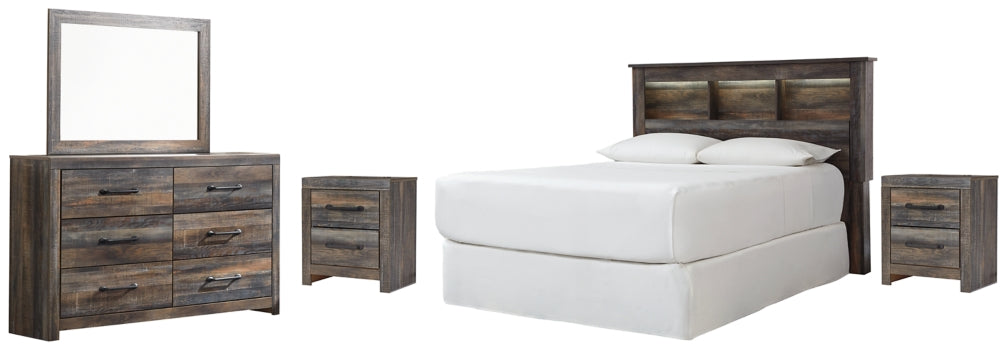 Drystan Queen/Full Bookcase Headboard Bed with Mirrored Dresser and 2 Nightstands - furniture place usa