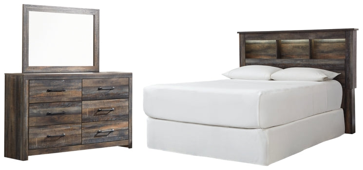 Drystan Queen/Full Bookcase Headboard Bed with Mirrored Dresser