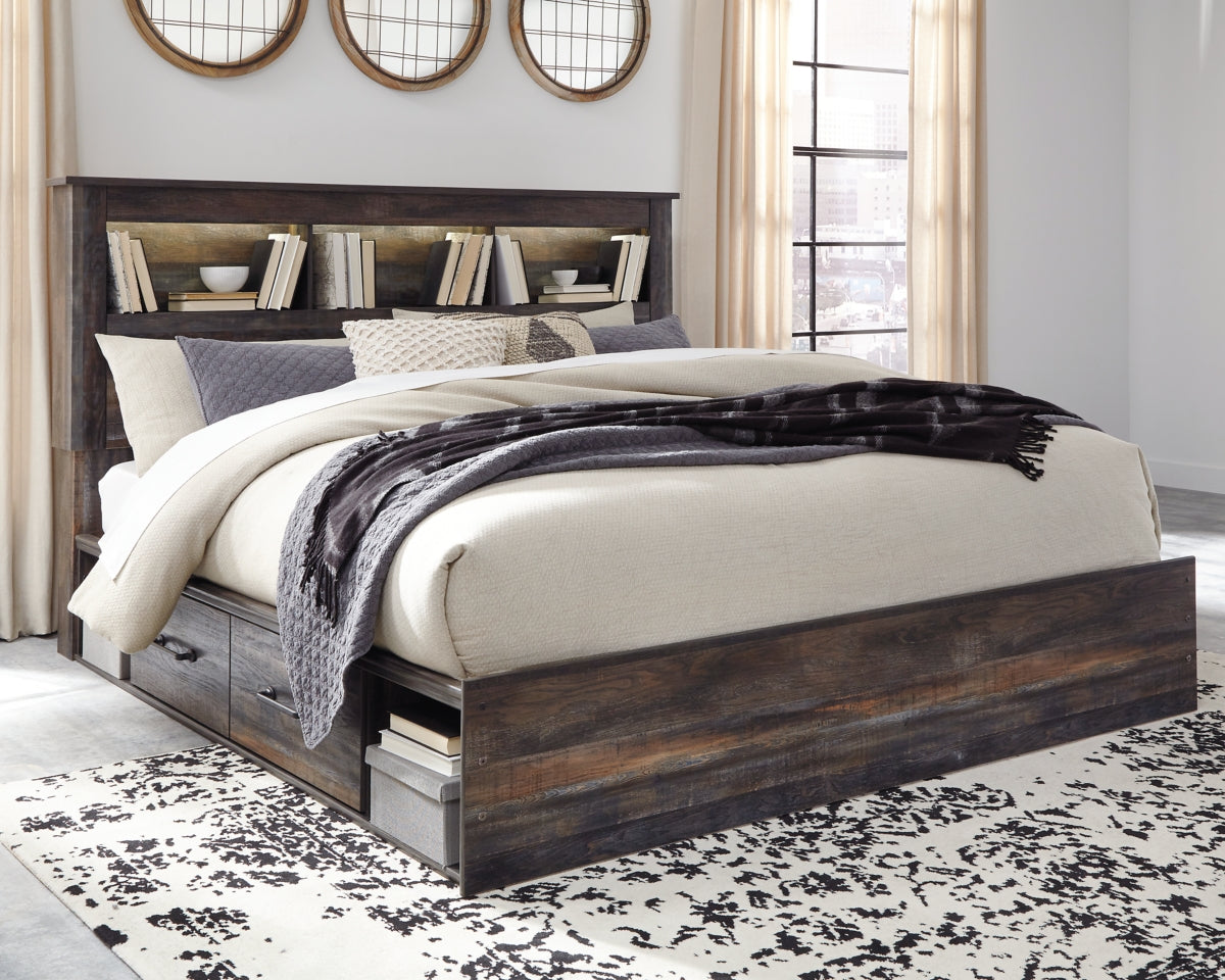 Drystan King Bookcase Bed with 4 Storage Drawers with Mirrored Dresser and 2 Nightstands - PKG003388 - furniture place usa
