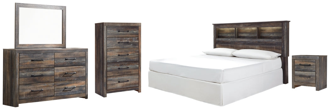 Drystan King/California King Bookcase Headboard Bed with Mirrored Dresser, Chest and Nightstand - furniture place usa