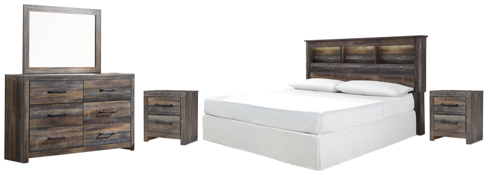 Drystan King/California King Bookcase Headboard Bed with Mirrored Dresser and 2 Nightstands - furniture place usa