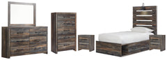 Drystan Twin Panel Bed with 4 Storage Drawers with Mirrored Dresser, Chest and 2 Nightstands - furniture place usa