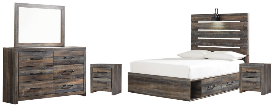 Drystan Full Panel Bed with 4 Storage Drawers with Mirrored Dresser and 2 Nightstands - furniture place usa
