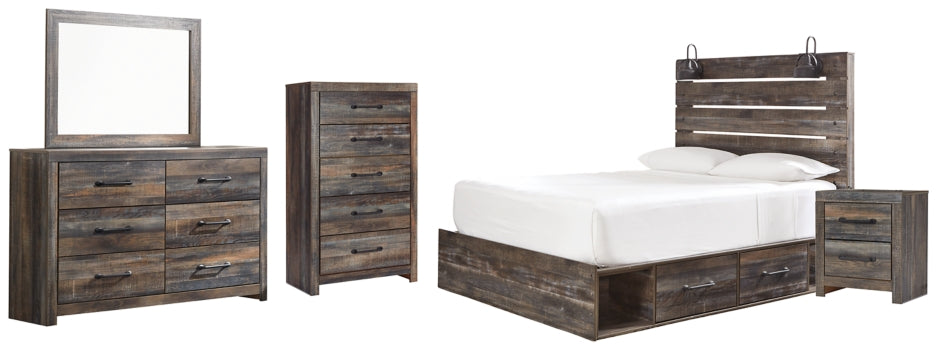 Drystan Queen Panel Bed with 4 Storage Drawers with Mirrored Dresser, Chest and Nightstand - furniture place usa