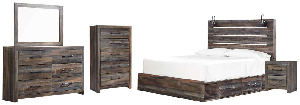 Drystan King Panel Bed with 2 Storage Drawers with Mirrored Dresser, Chest and Nightstand - furniture place usa