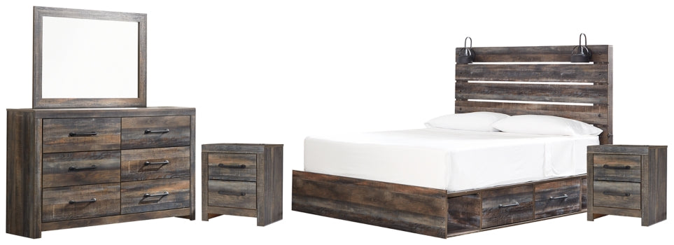 Drystan King Panel Bed with 2 Storage Drawers with Mirrored Dresser and 2 Nightstands - furniture place usa