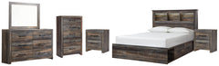 Drystan Queen Bookcase Bed with 2 Storage Drawers with Mirrored Dresser, Chest and 2 Nightstands - PKG003215 - furniture place usa