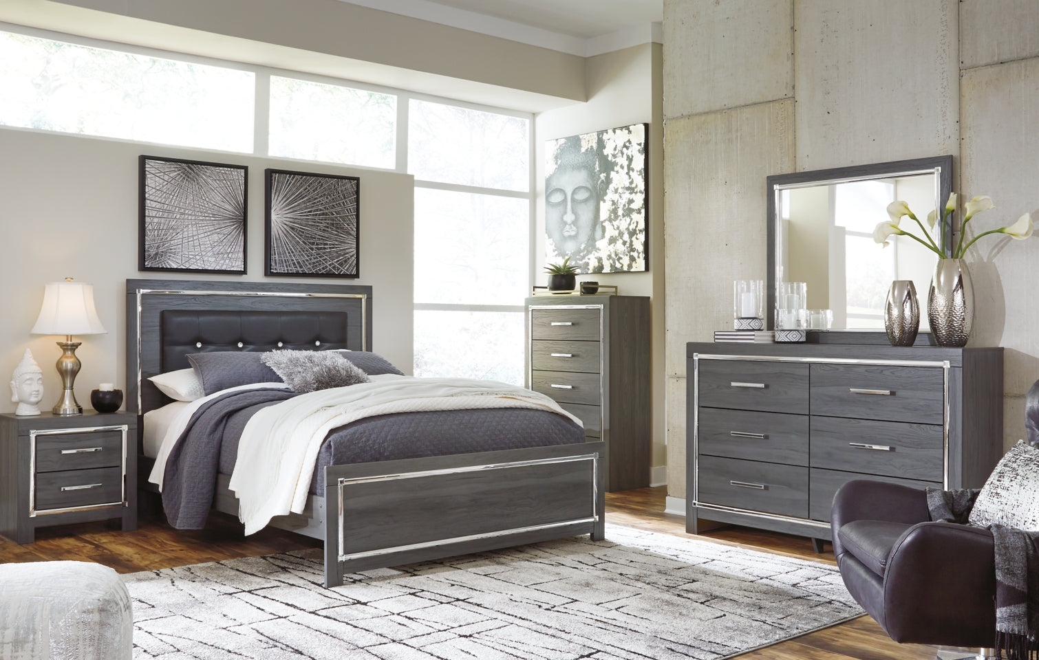 Lodanna Queen Panel Bed with Mirrored Dresser and Chest - furniture place usa