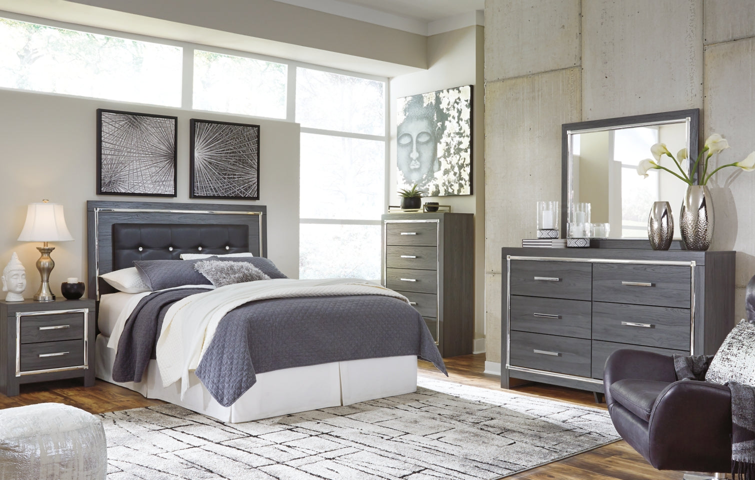 Lodanna Queen/Full Upholstered Panel Headboard Bed with Mirrored Dresser, Chest and 2 Nightstands - furniture place usa