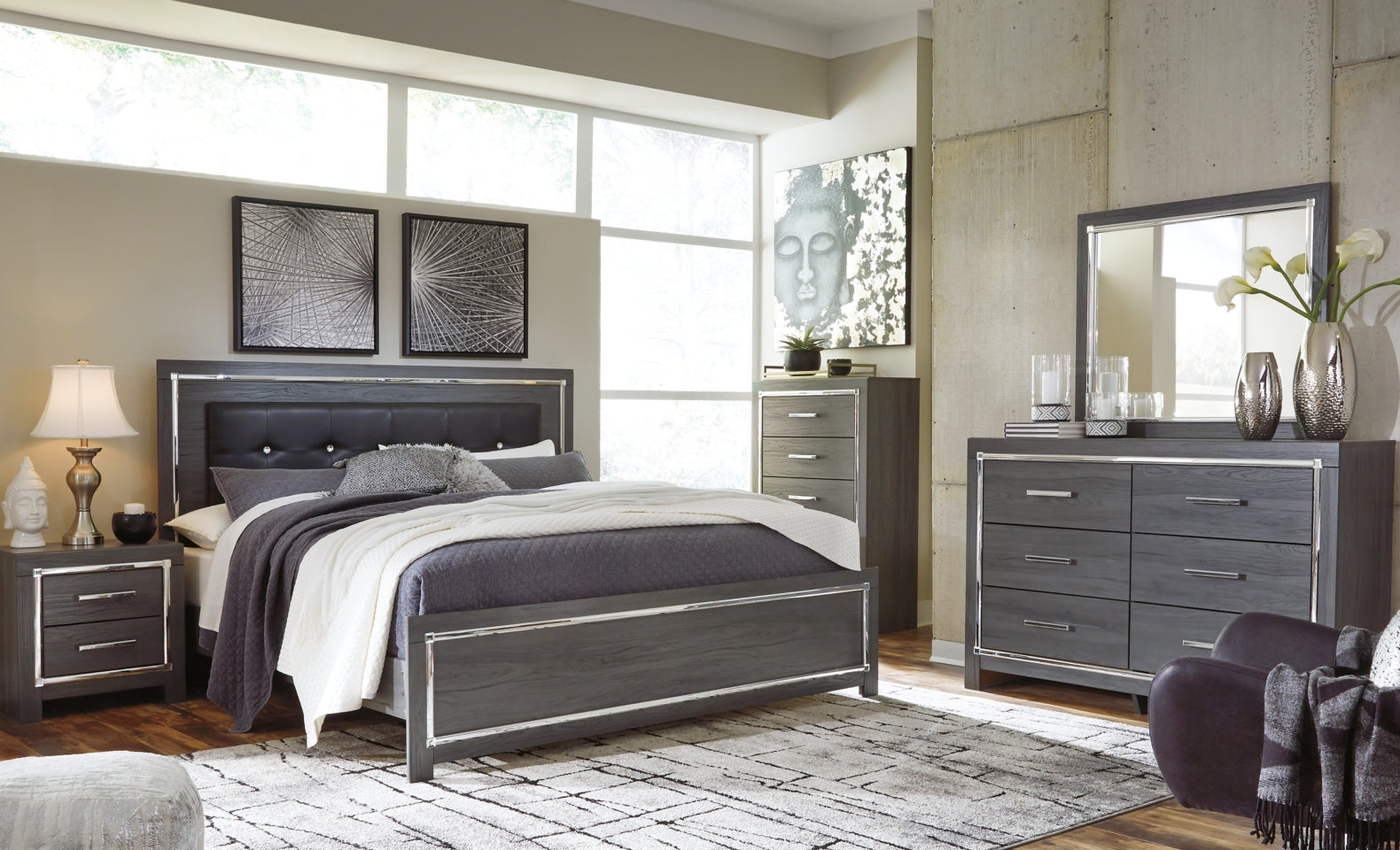 Lodanna King Panel Bed with Mirrored Dresser, Chest and 2 Nightstands - furniture place usa