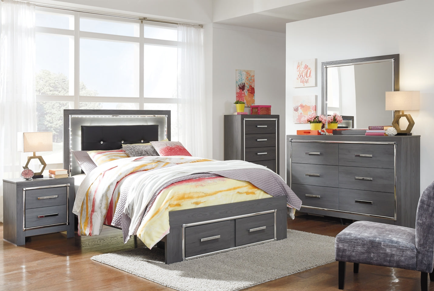 Lodanna Full Panel Bed with 2 Storage Drawers with Mirrored Dresser, Chest and 2 Nightstands - furniture place usa