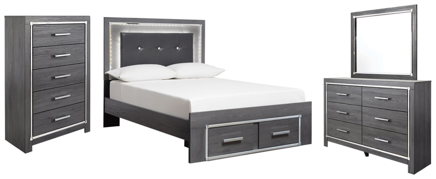 Lodanna Full Panel Bed with 2 Storage Drawers with Mirrored Dresser and Chest - furniture place usa