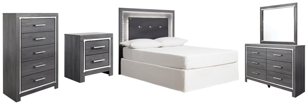 Lodanna Full Upholstered Panel Headboard Bed with Mirrored Dresser, Chest and Nightstand - furniture place usa