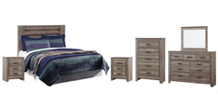 Zelen Queen/Full Panel Headboard Bed with Mirrored Dresser, Chest and 2 Nightstands