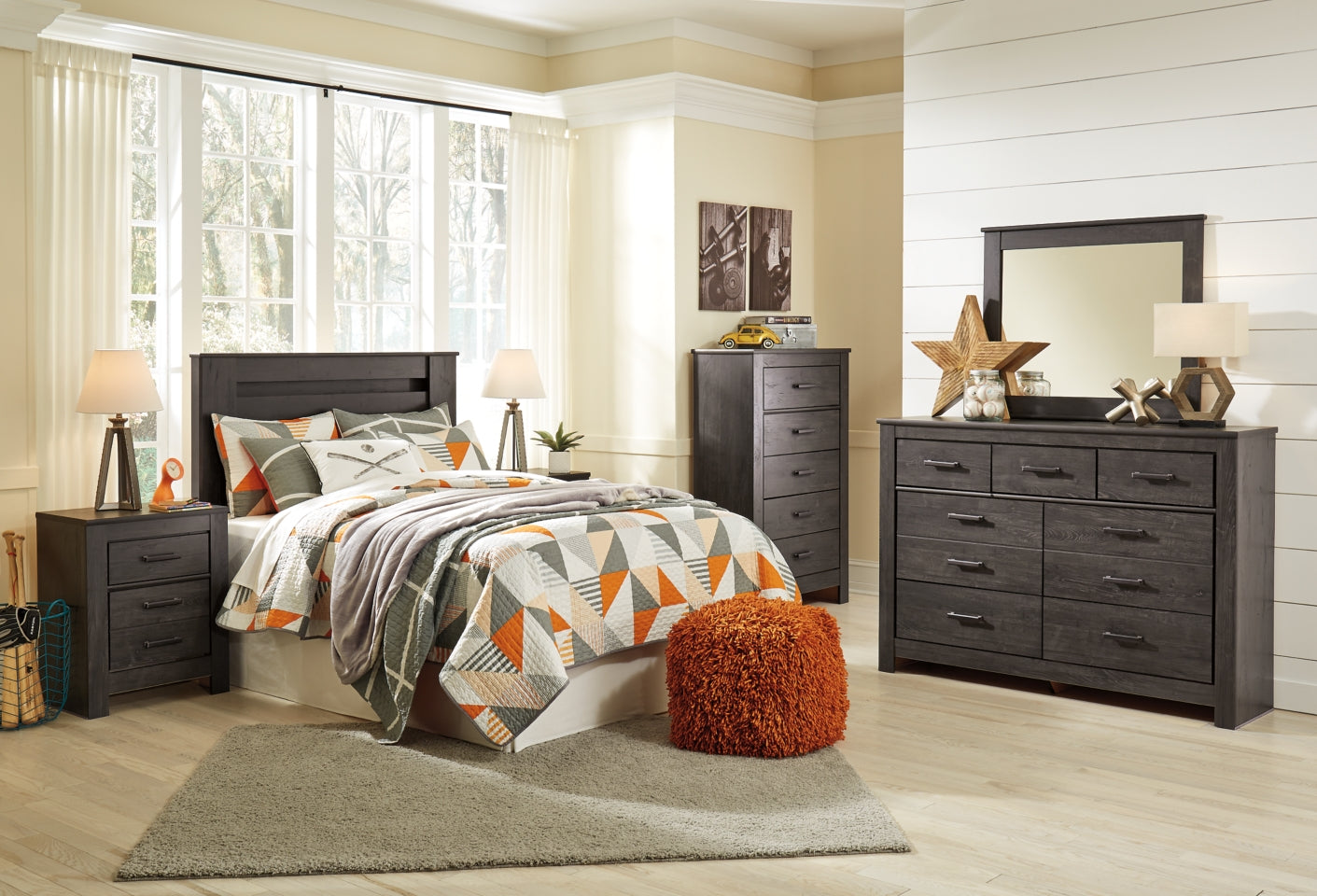 Brinxton Queen/Full Panel Headboard Bed with Mirrored Dresser, Chest and 2 Nightstands - furniture place usa