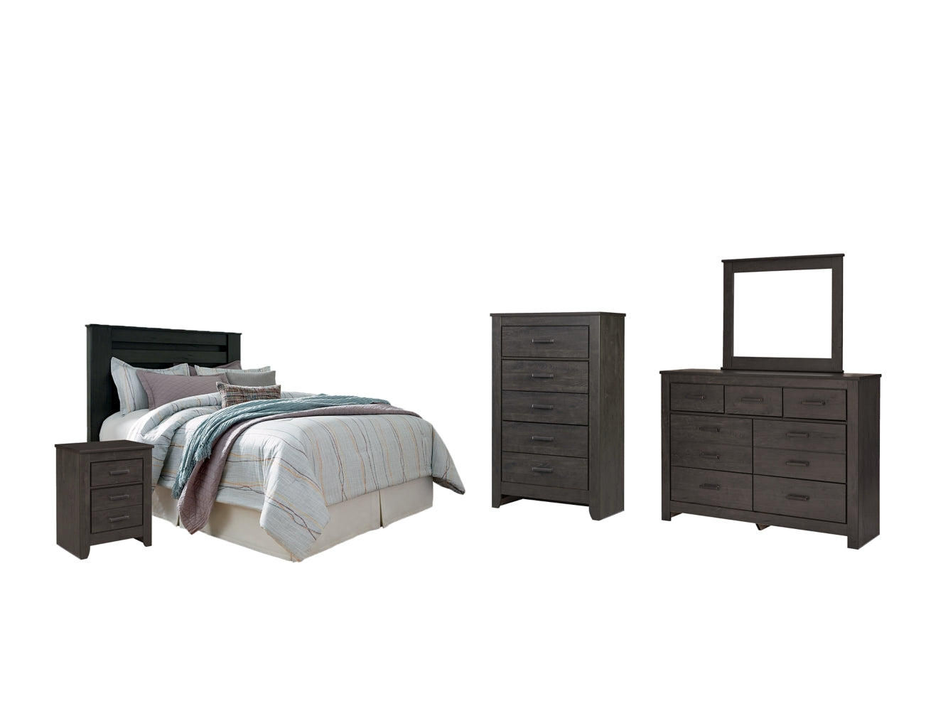 Brinxton Queen/Full Panel Headboard Bed with Mirrored Dresser, Chest and Nightstand - furniture place usa