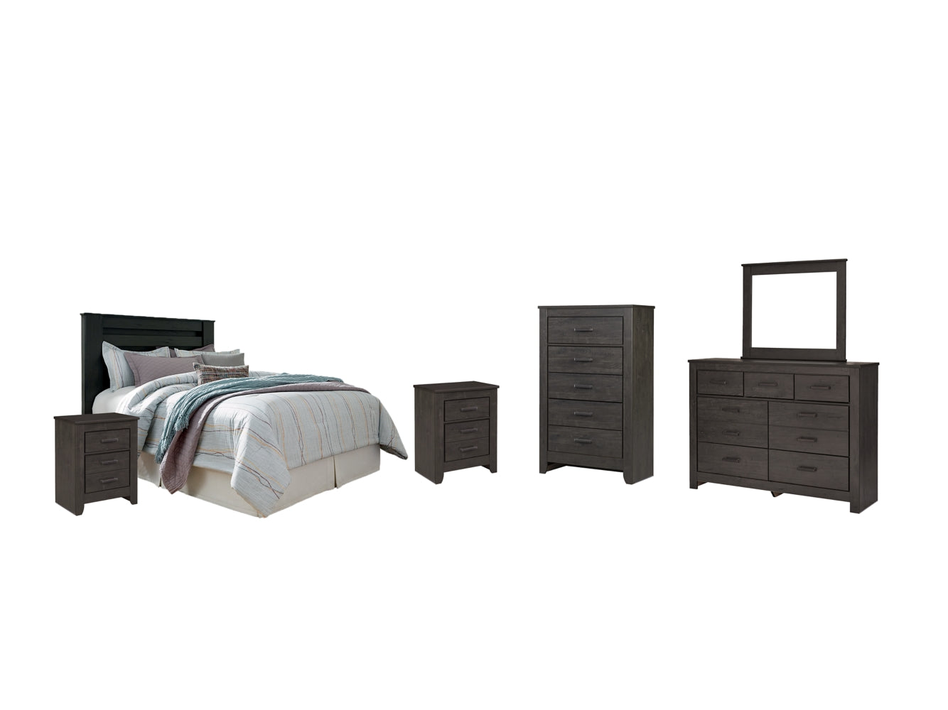 Brinxton Queen/Full Panel Headboard Bed with Mirrored Dresser, Chest and 2 Nightstands - furniture place usa
