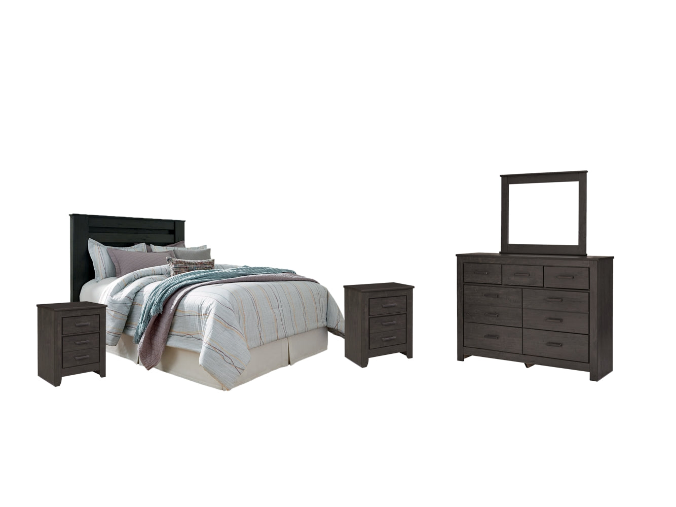 Brinxton King/California King Panel Headboard Bed with Mirrored Dresser and 2 Nightstands - furniture place usa