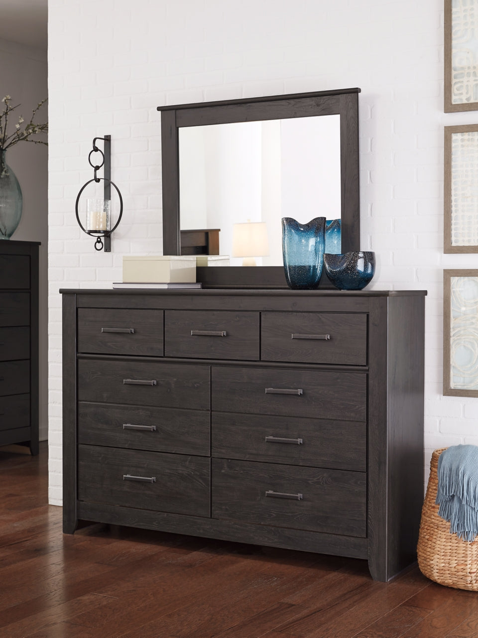 Brinxton Full Panel Headboard Bed with Mirrored Dresser, Chest and 2 Nightstands - furniture place usa