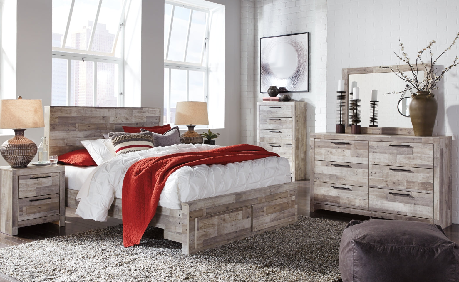 Effie Queen Panel Bed with 2 Storage Drawers with Mirrored Dresser, Chest and Nightstand - furniture place usa