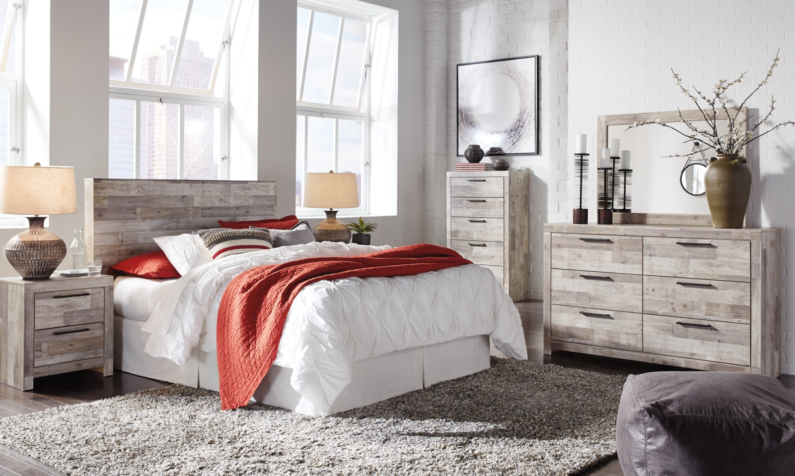 Effie Twin Panel Headboard Bed with Mirrored Dresser, Chest and Nightstand