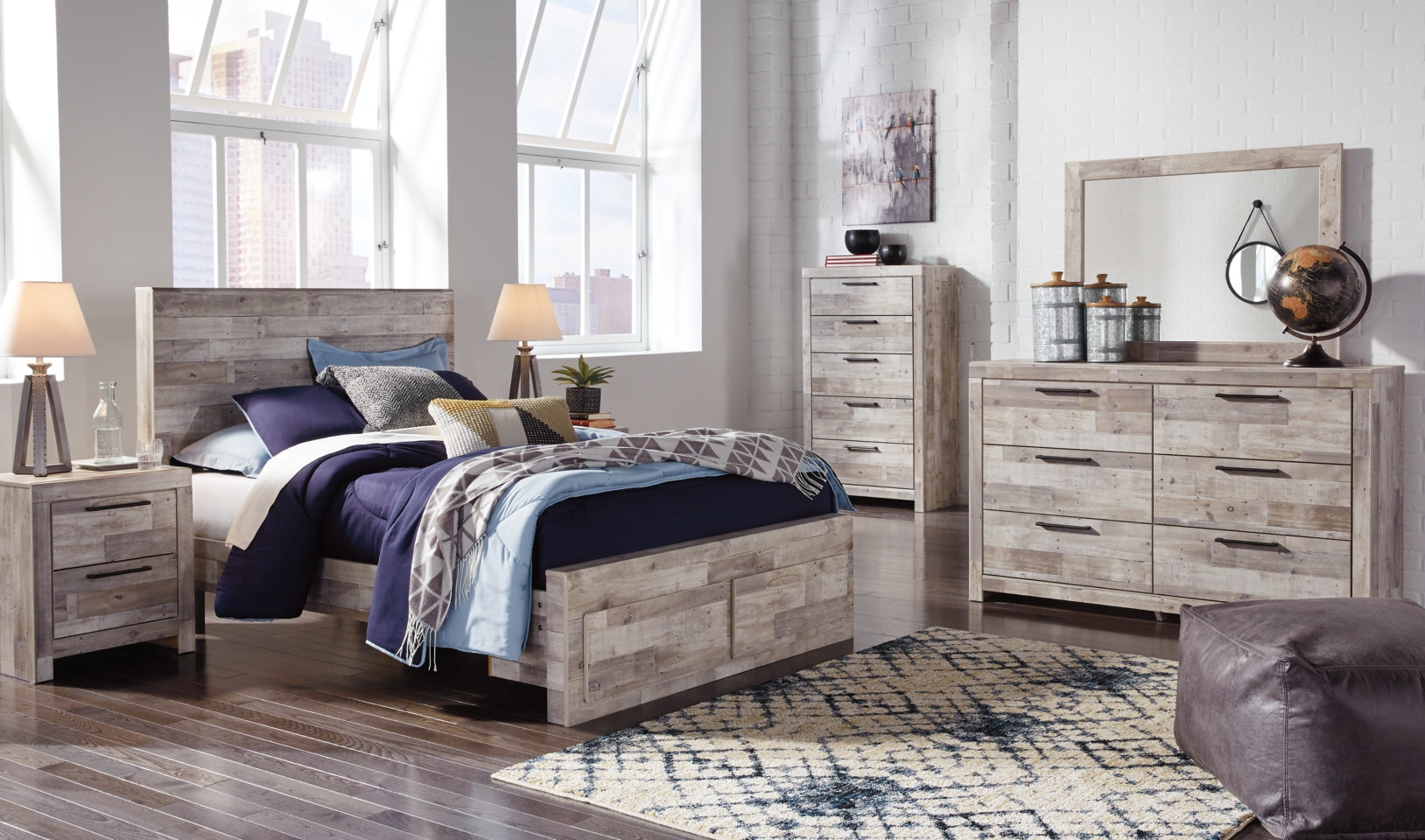 Effie Queen Panel Bed with 2 Storage Drawers with Mirrored Dresser and Chest - furniture place usa