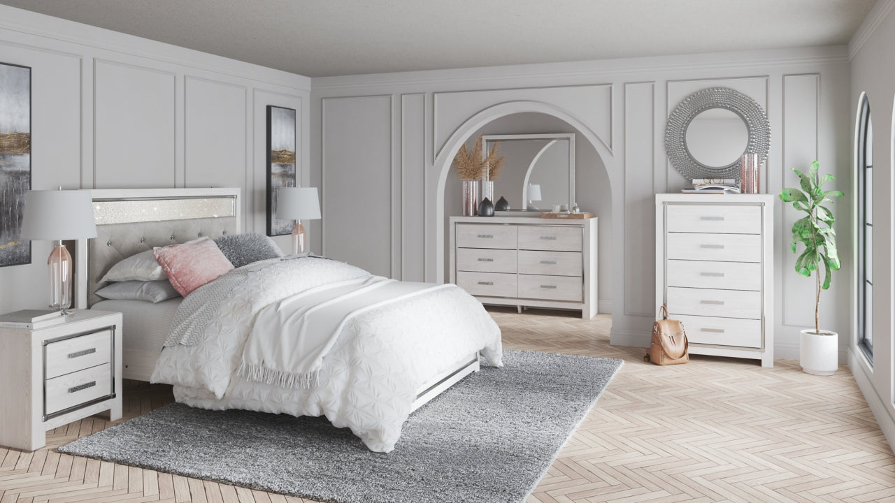 Altyra Queen Panel Headboard Bed with Mirrored Dresser, Chest and 2 Nightstands - furniture place usa
