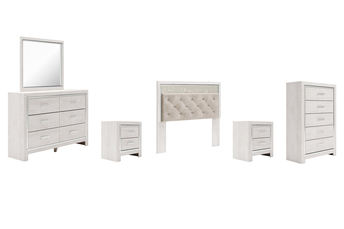 Altyra Queen Panel Headboard Bed with Mirrored Dresser, Chest and 2 Nightstands - furniture place usa