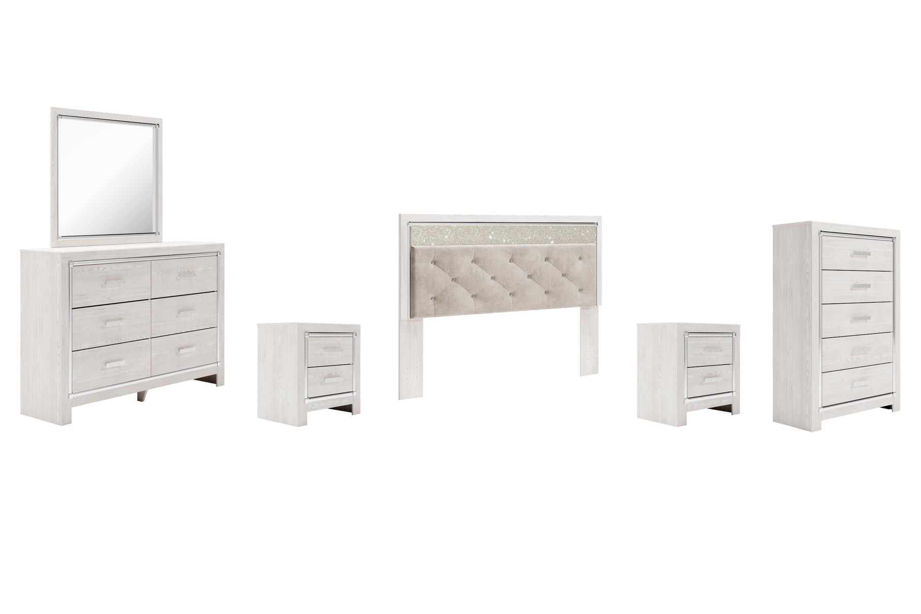 Altyra King Panel Headboard Bed with Mirrored Dresser, Chest and 2 Nightstands - furniture place usa
