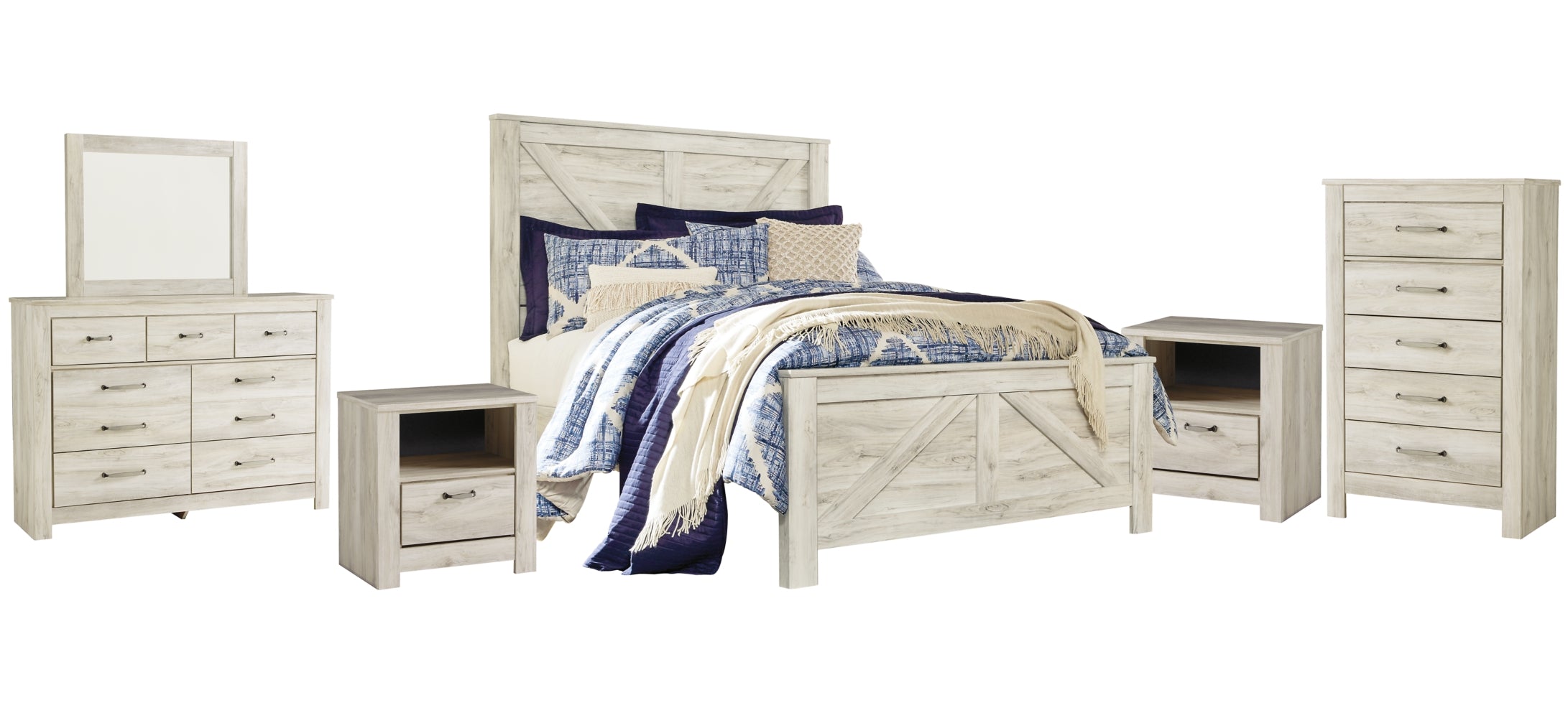 Bellaby King Crossbuck Panel Bed with Mirrored Dresser, Chest and 2 Nightstands - furniture place usa
