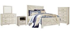 Bellaby King Crossbuck Panel Bed with Mirrored Dresser, Chest and Nightstand - furniture place usa