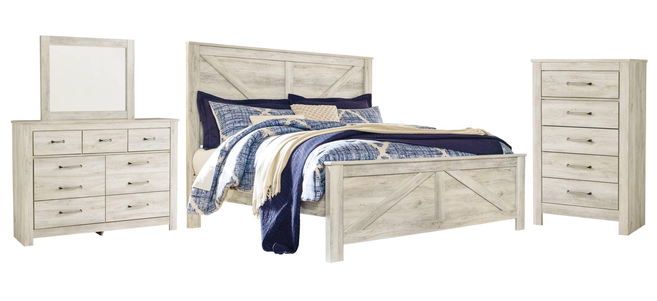 Bellaby King Crossbuck Panel Bed with Mirrored Dresser and Chest - furniture place usa