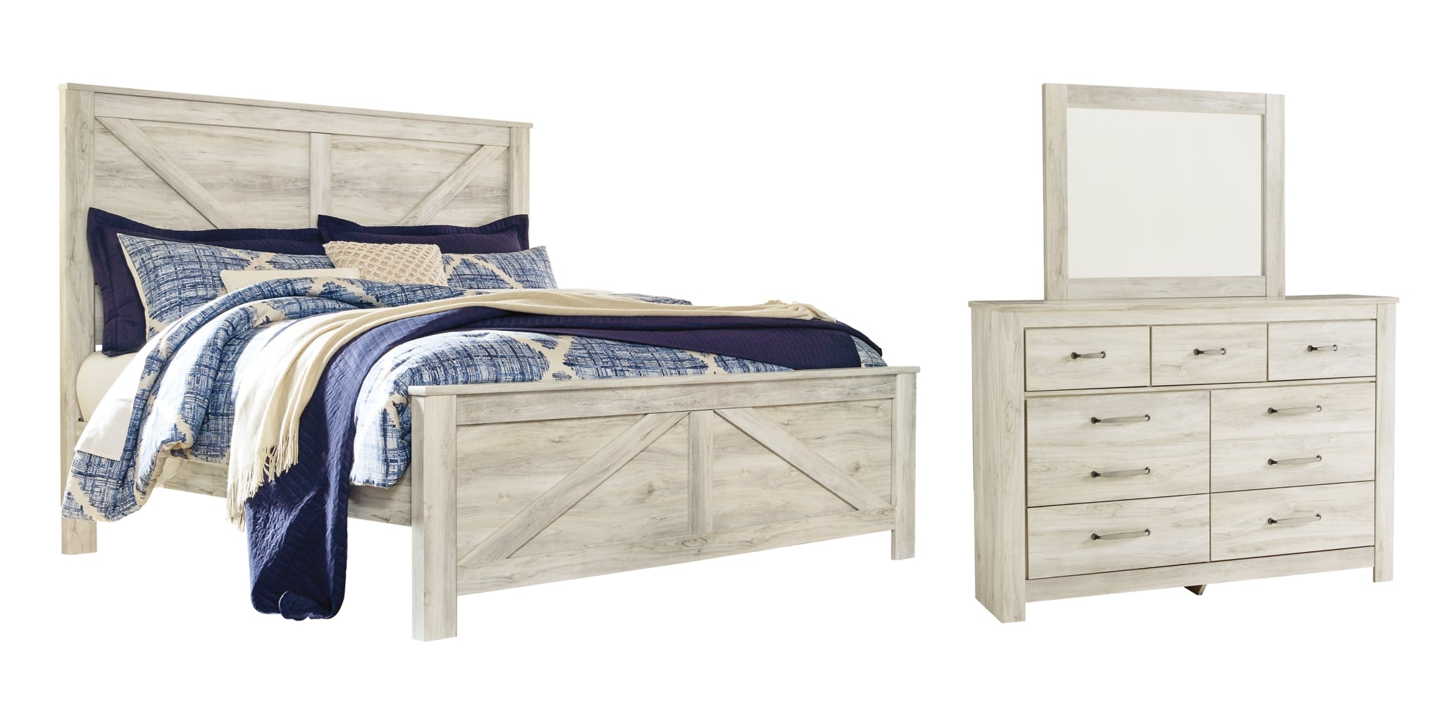 Bellaby Queen Crossbuck Panel Bed with Mirrored Dresser - furniture place usa