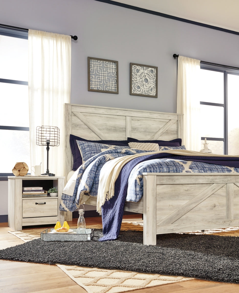 Bellaby King Crossbuck Panel Bed with Mirrored Dresser and 2 Nightstands - furniture place usa