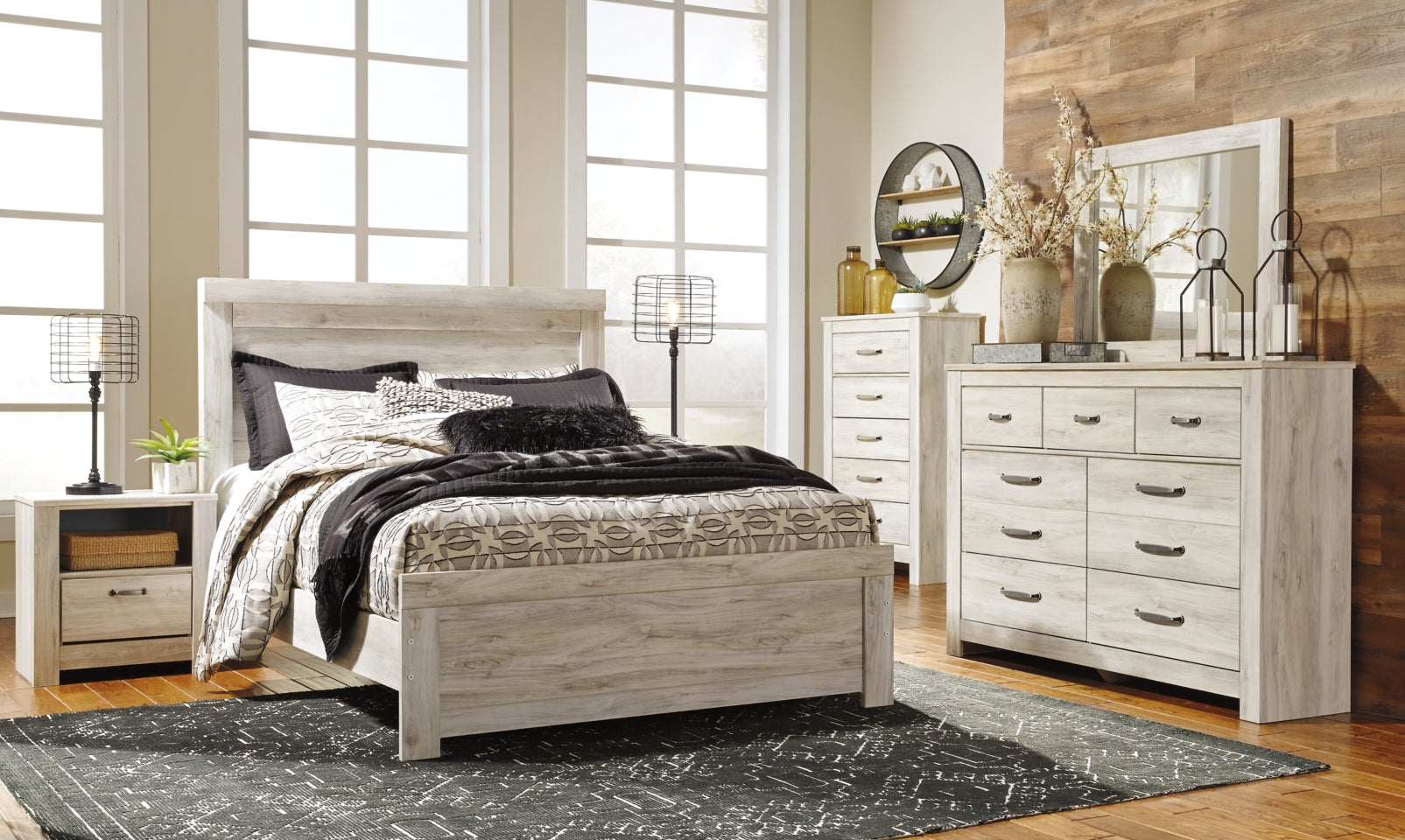Bellaby Queen Panel Bed with Mirrored Dresser, Chest and Nightstand - furniture place usa